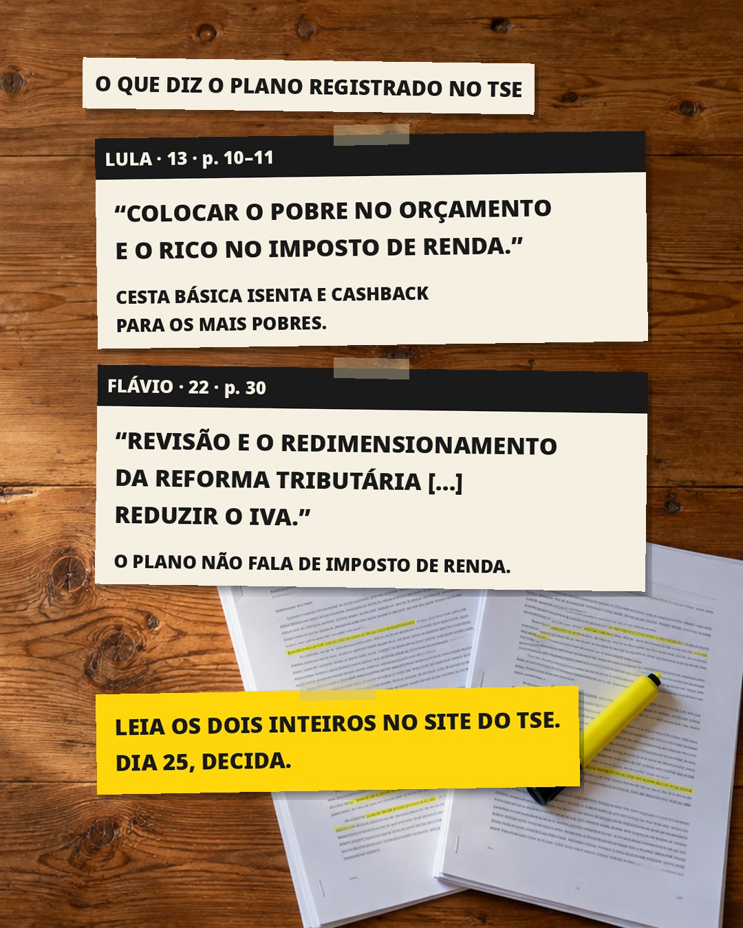 Slide 2: O QUE DIZ O PLANO REGISTRADO NO TSE LULA · 13 · p. 10–11 "COLOCAR O POBRE NO ORÇAMENTO E O RICO NO IMPOSTO DE RENDA." CESTA BÁSICA ISENTA E CASHBACK PARA OS MAIS POBRES. FLÁVIO · 22 · p. 30 "REVISÃO E O REDIMENSIONAMENTO DA REFORMA TRIBUTÁRIA [...] REDUZIR O IVA." O PLANO NÃO FALA DE IMPOSTO DE RENDA. LEIA OS DOIS INTEIROS NO SITE DO TSE. DIA 25, DECIDA.